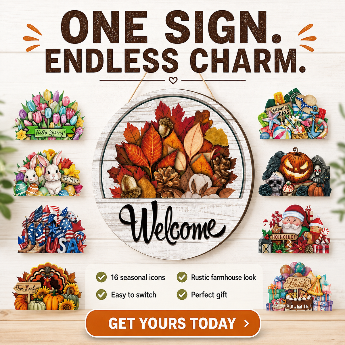 🌟 16-in-1 Interchangeable Seasonal Welcome Sign for Front Door 🚪 Porch Decor & Holiday Home Decorations