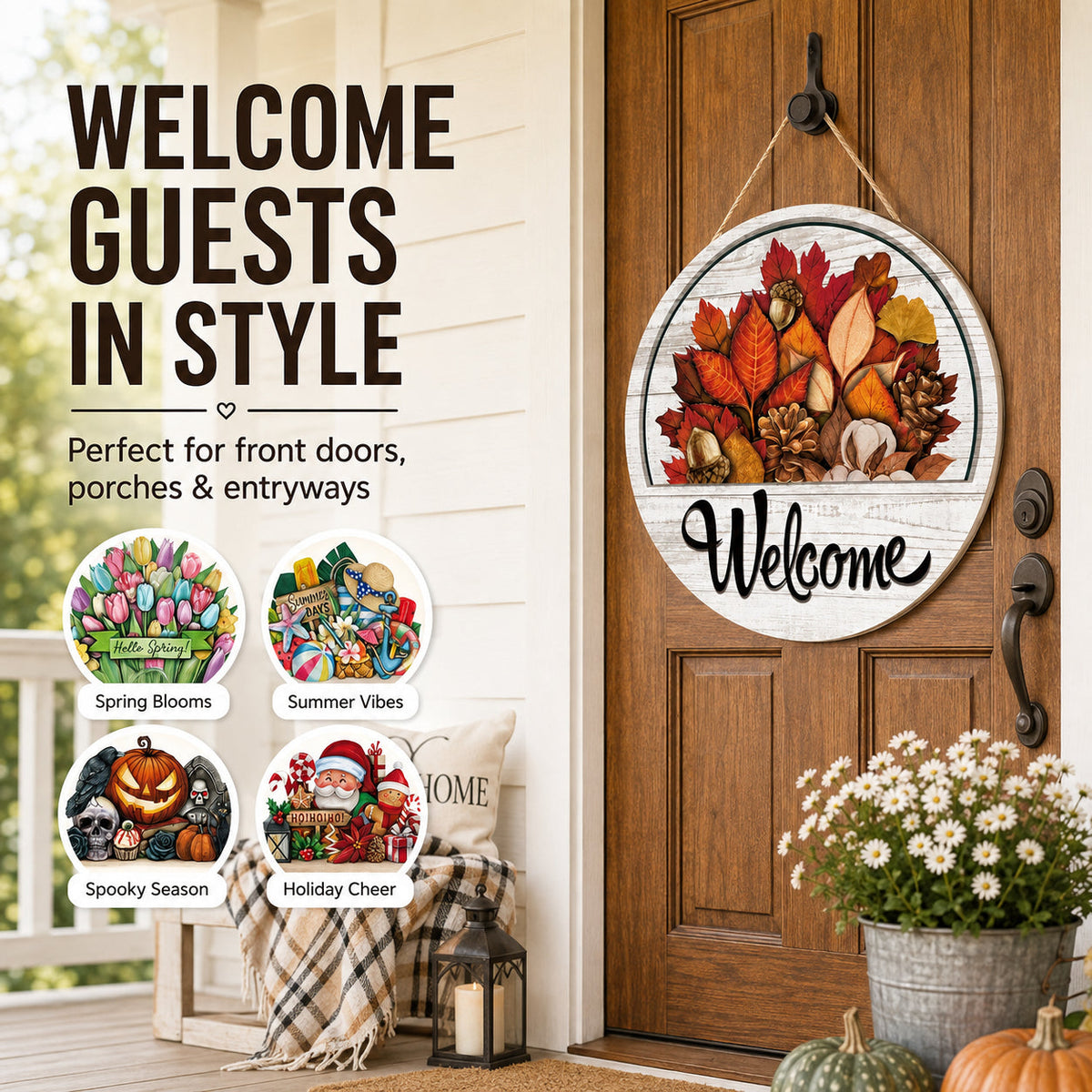 🌟 16-in-1 Interchangeable Seasonal Welcome Sign for Front Door 🚪 Porch Decor & Holiday Home Decorations