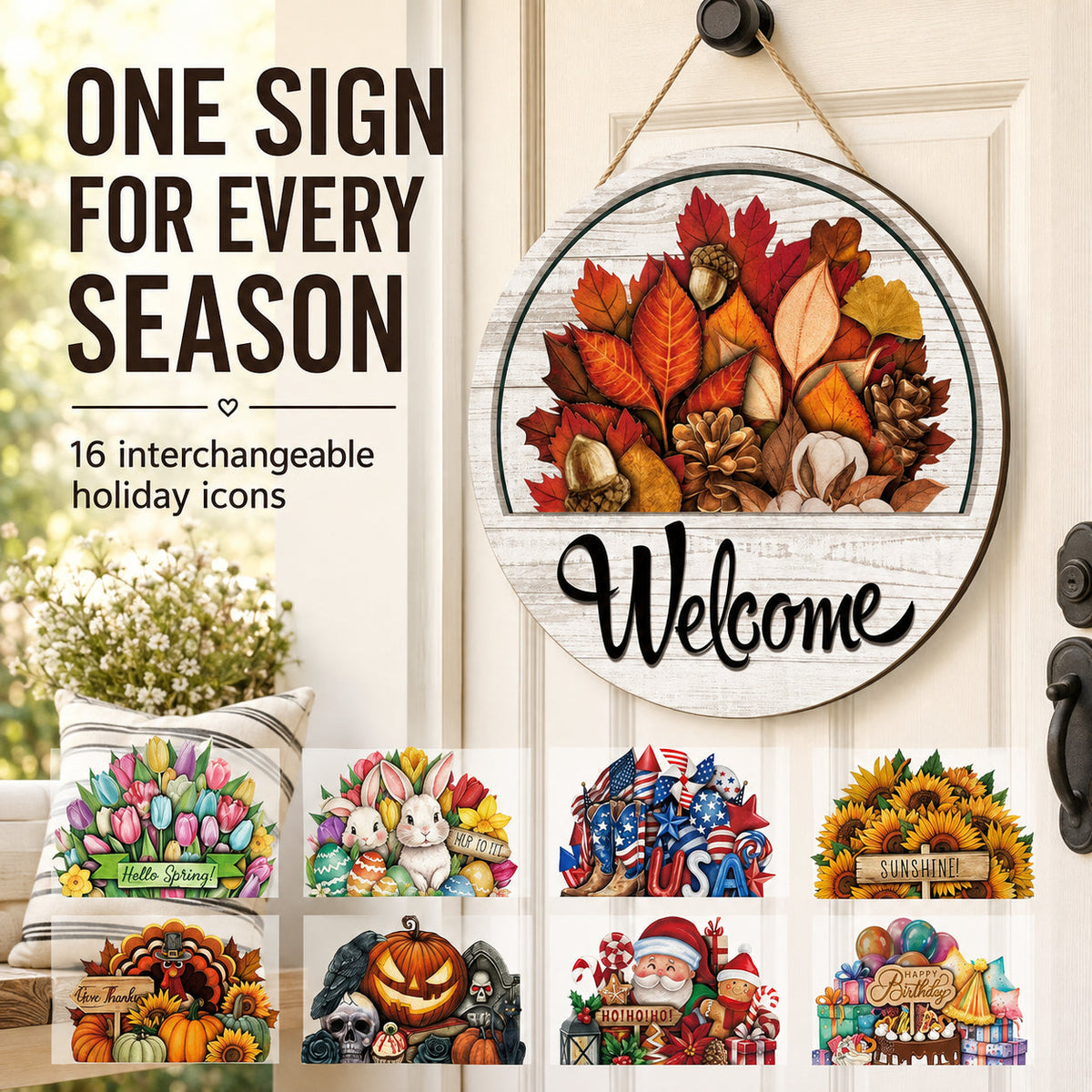 🌟 16-in-1 Interchangeable Seasonal Welcome Sign for Front Door 🚪 Porch Decor & Holiday Home Decorations