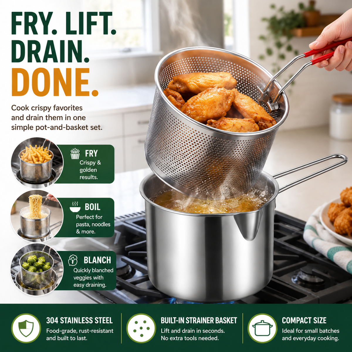 🍟 Personal Mini Deep Fryer Set – Stainless Steel Pot with Lift-Out Draining Basket & Food Tongs