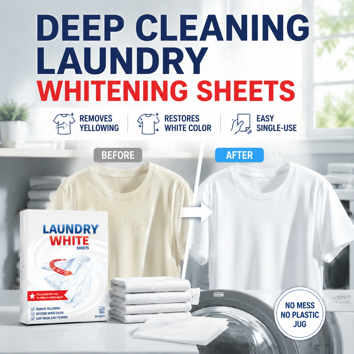 Deep Cleaning Laundry Whitening Sheets, Powerful Stain Remover Brightening Fabric Laundry Cleaning Sheets