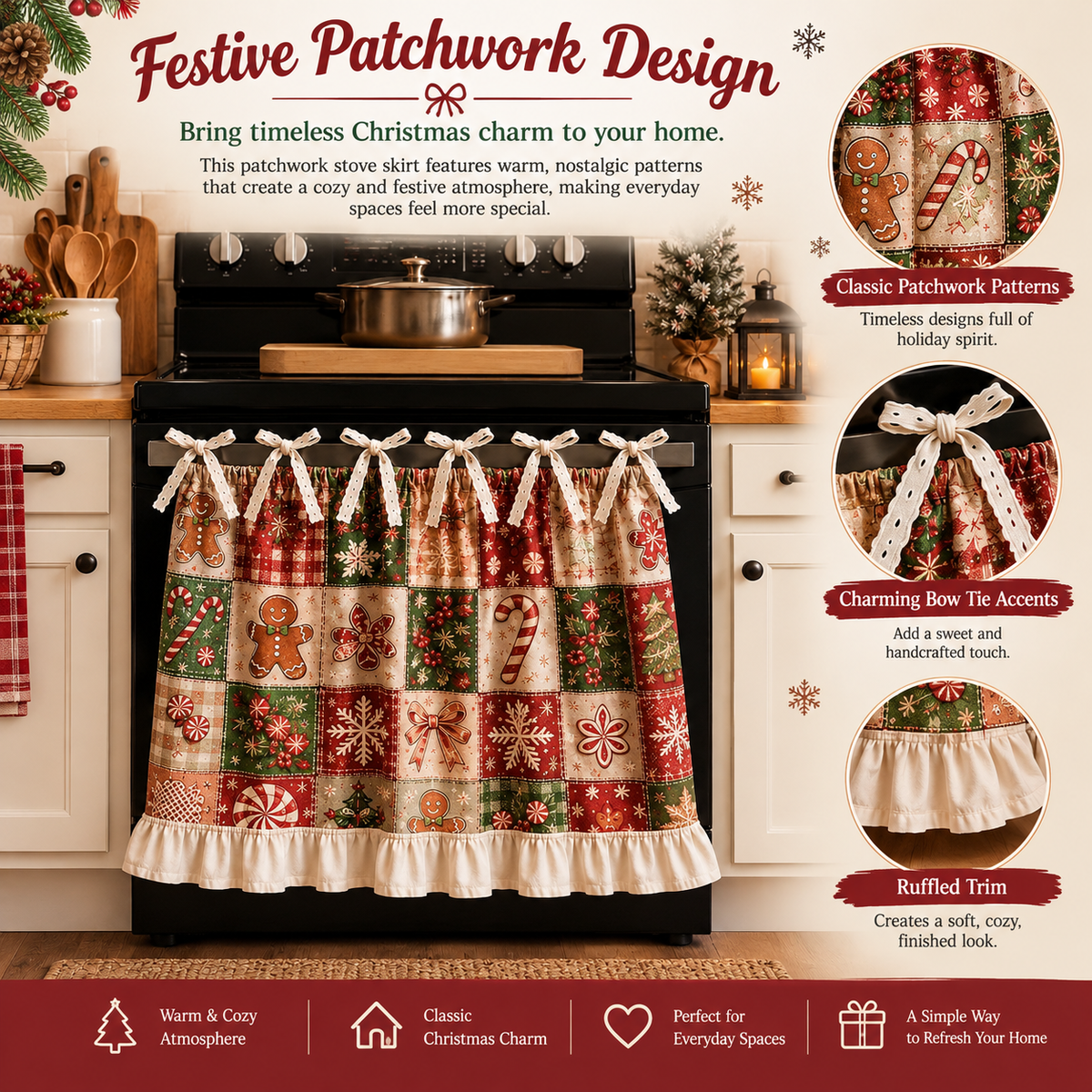 Christmas Patchwork Stove Skirt with Ruffles & Bows - image 3