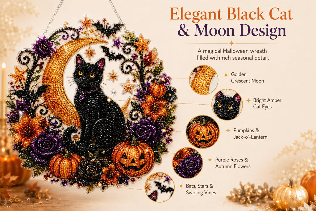 Black Cat Moon Diamond Art Hanging Ornament Kit – Relaxing DIY Halloween Craft