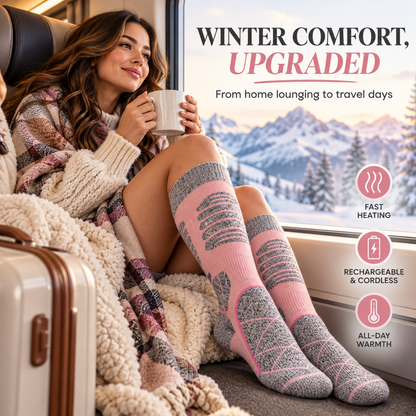 🥶 Tired of Freezing Feet in Winter?Rechargeable Heated Knee-High Socks for Lasting Cozy Warmth!