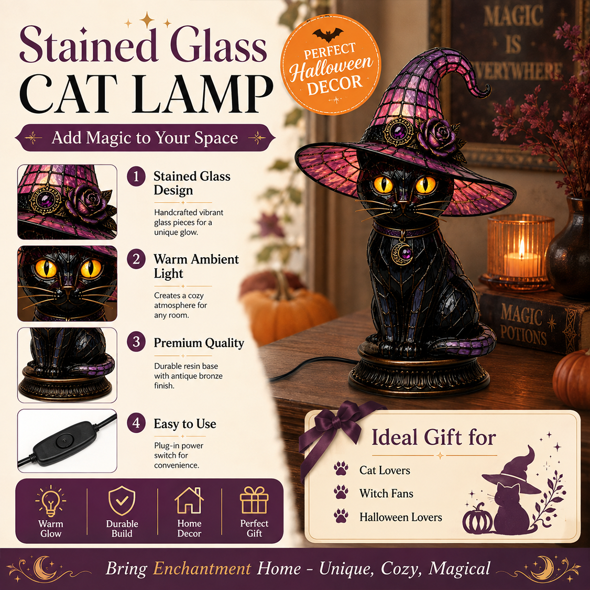🐈 Gothic Stained Glass Witch Black Cat Table Lamp | Halloween Witch Hat Night Light Decor