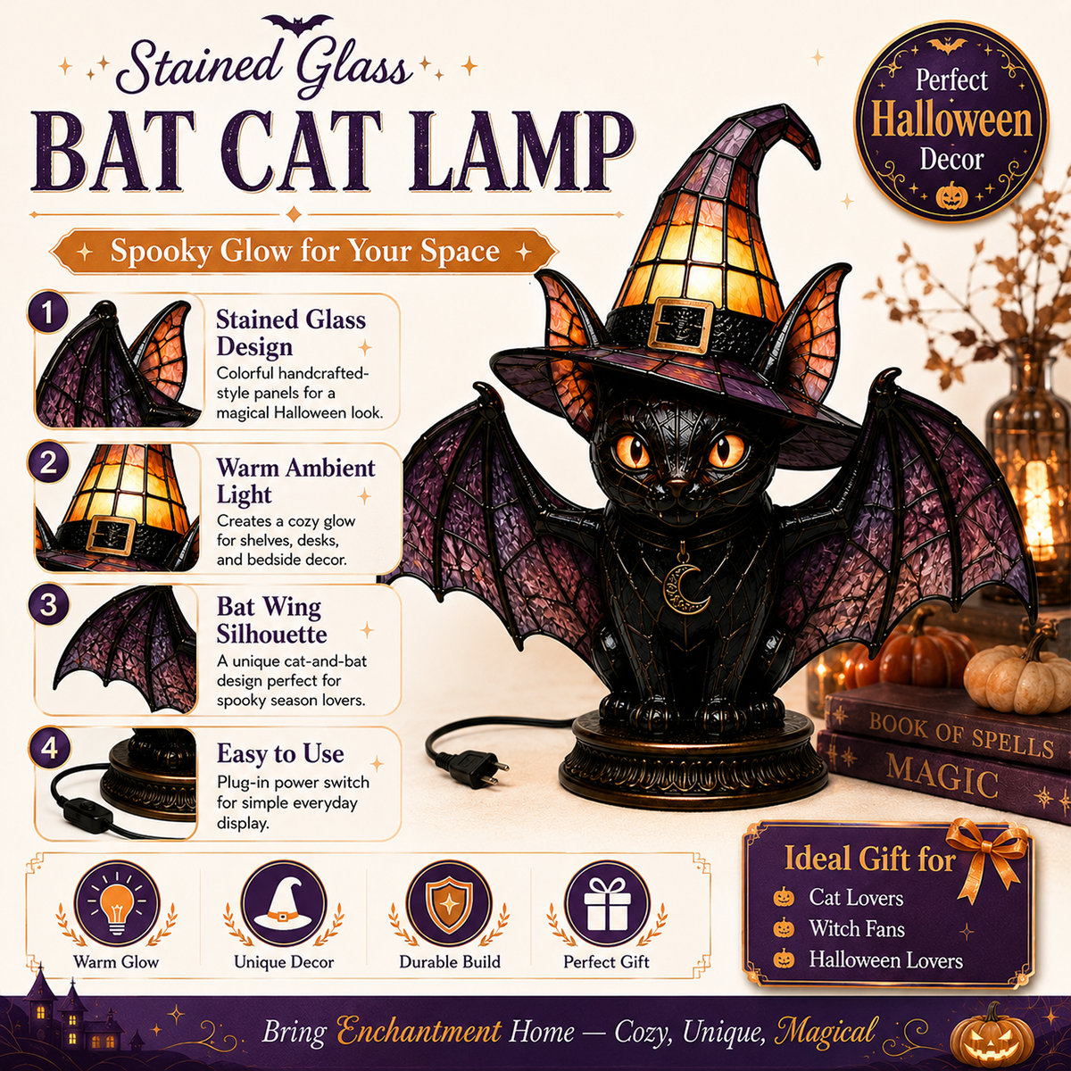 🐈 Gothic Stained Glass Witch Black Cat Table Lamp | Halloween Witch Hat Night Light Decor