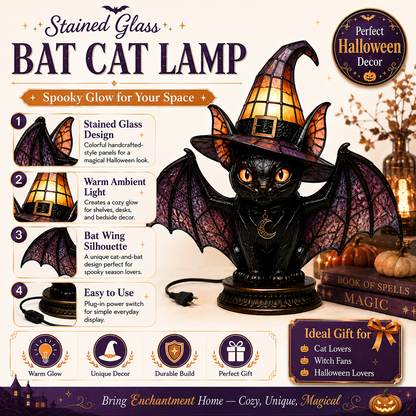 🐈 Gothic Stained Glass Witch Black Cat Table Lamp | Halloween Witch Hat Night Light Decor
