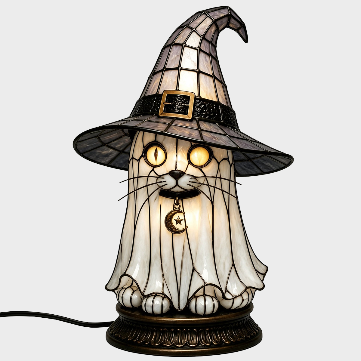 🐈 Gothic Stained Glass Witch Black Cat Table Lamp | Halloween Witch Hat Night Light Decor