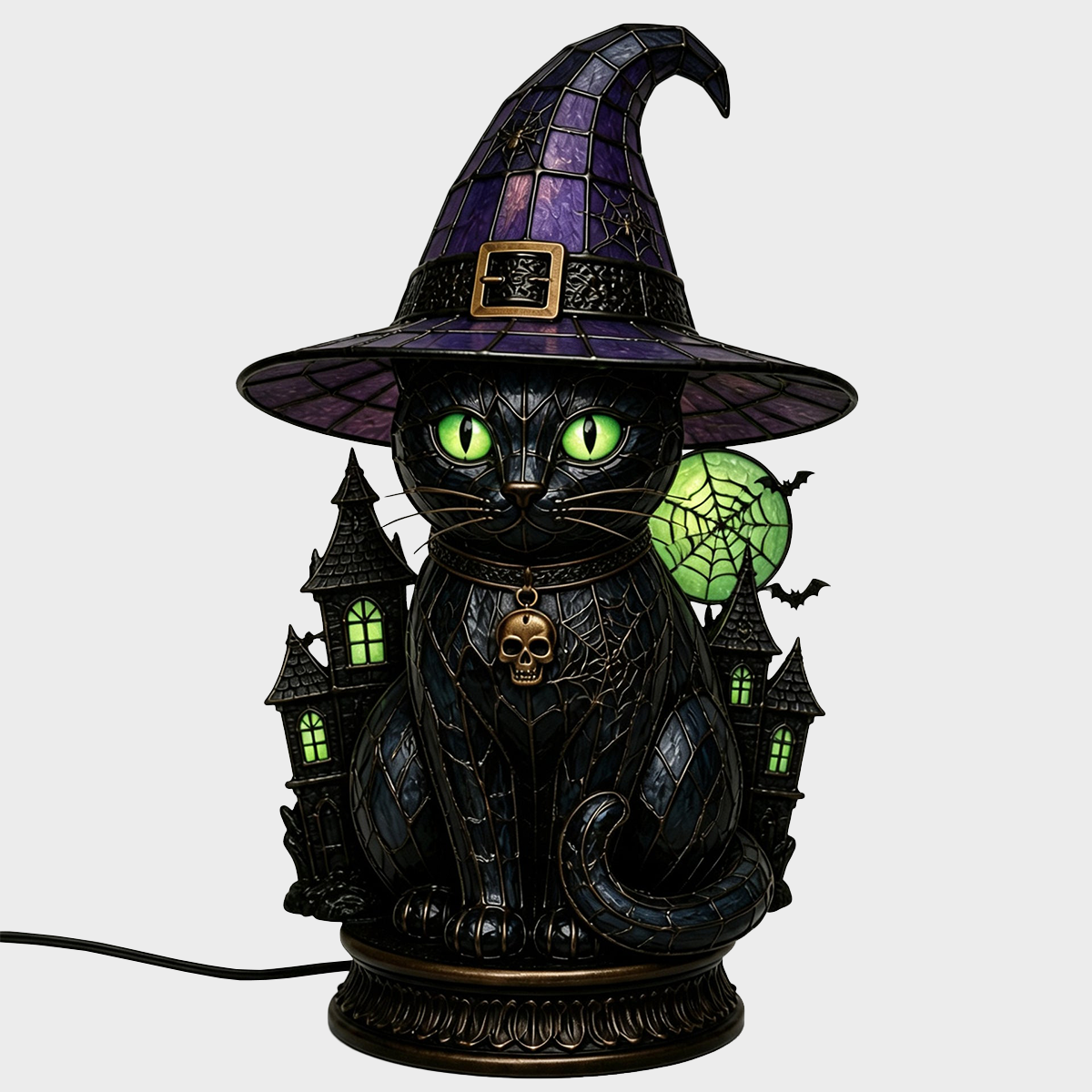 🐈 Gothic Stained Glass Witch Black Cat Table Lamp | Halloween Witch Hat Night Light Decor
