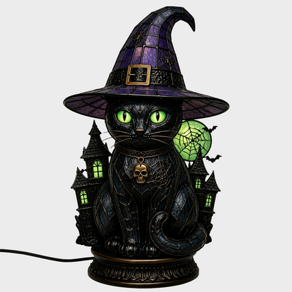 🐈 Gothic Stained Glass Witch Black Cat Table Lamp | Halloween Witch Hat Night Light Decor