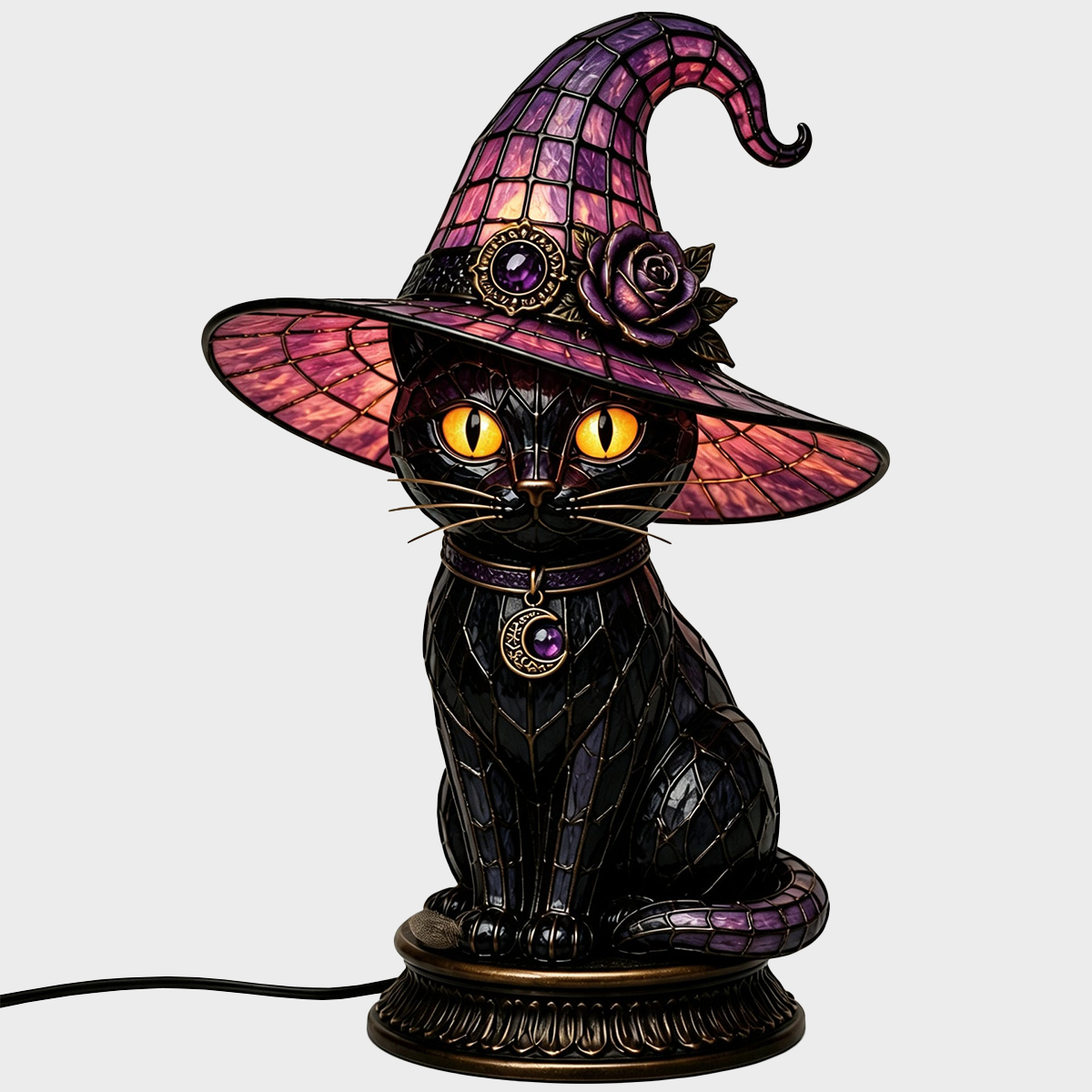 🐈 Gothic Stained Glass Witch Black Cat Table Lamp | Halloween Witch Hat Night Light Decor