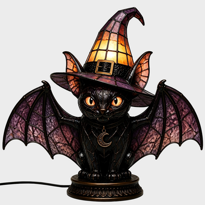 🐈 Gothic Stained Glass Witch Black Cat Table Lamp | Halloween Witch Hat Night Light Decor