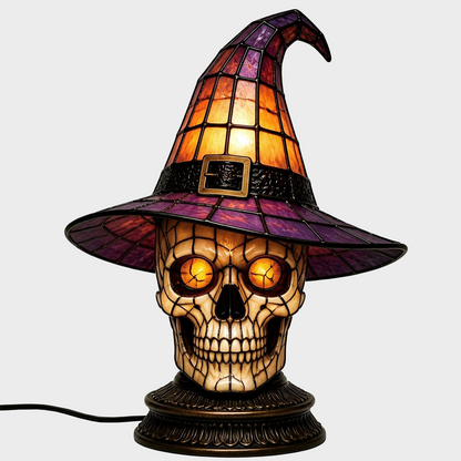 🐈 Gothic Stained Glass Witch Black Cat Table Lamp | Halloween Witch Hat Night Light Decor