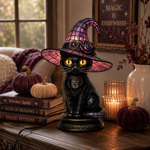 🐈 Gothic Stained Glass Witch Black Cat Table Lamp | Halloween Witch Hat Night Light Decor
