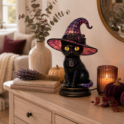 🐈 Gothic Stained Glass Witch Black Cat Table Lamp | Halloween Witch Hat Night Light Decor