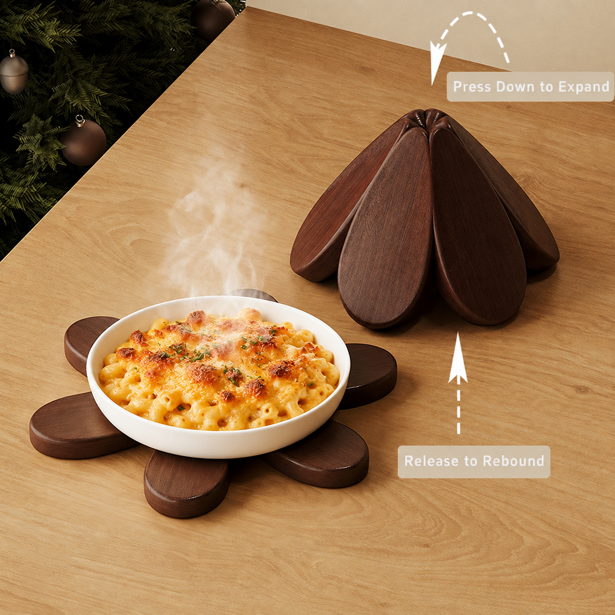 Folding Wooden Christmas Tree Trivet Set for Holiday Tables
