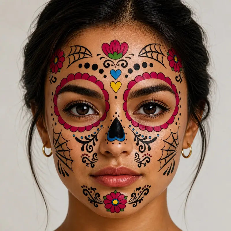 Mexican Dia De Los Muertos Temporary Face Tattoos - Sugar Skull Floral Face Decals 🎭