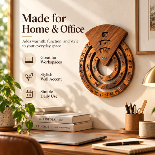Wooden Circular Perpetual Calendar, Rotating Wall Decor Year Round Calendar