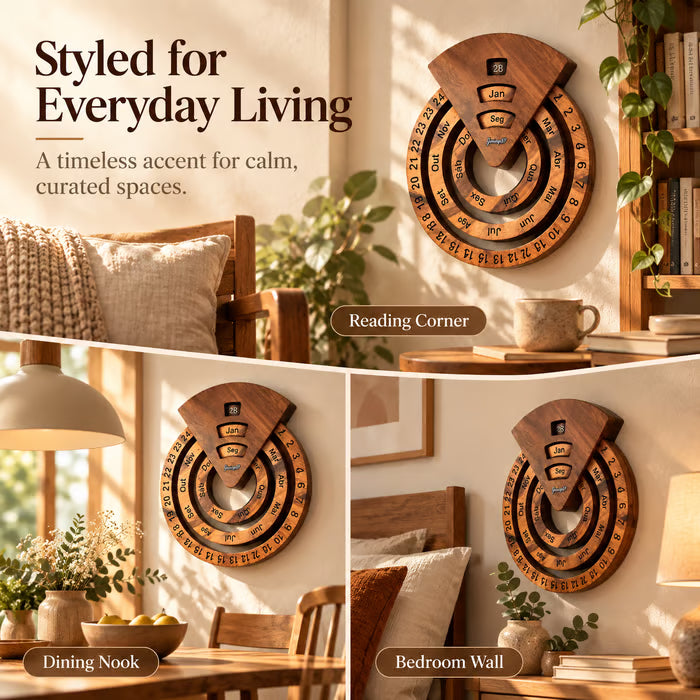 Wooden Circular Perpetual Calendar, Rotating Wall Decor Year Round Calendar