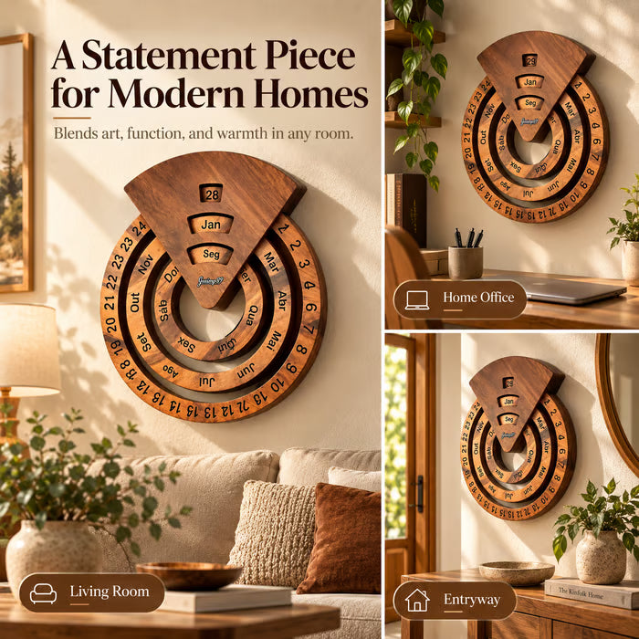 Wooden Circular Perpetual Calendar, Rotating Wall Decor Year Round Calendar