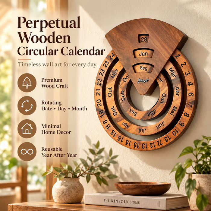 Wooden Circular Perpetual Calendar, Rotating Wall Decor Year Round Calendar