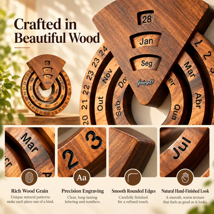 Wooden Circular Perpetual Calendar, Rotating Wall Decor Year Round Calendar