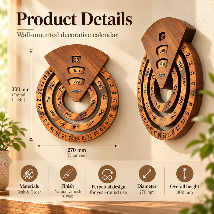 Wooden Circular Perpetual Calendar, Rotating Wall Decor Year Round Calendar
