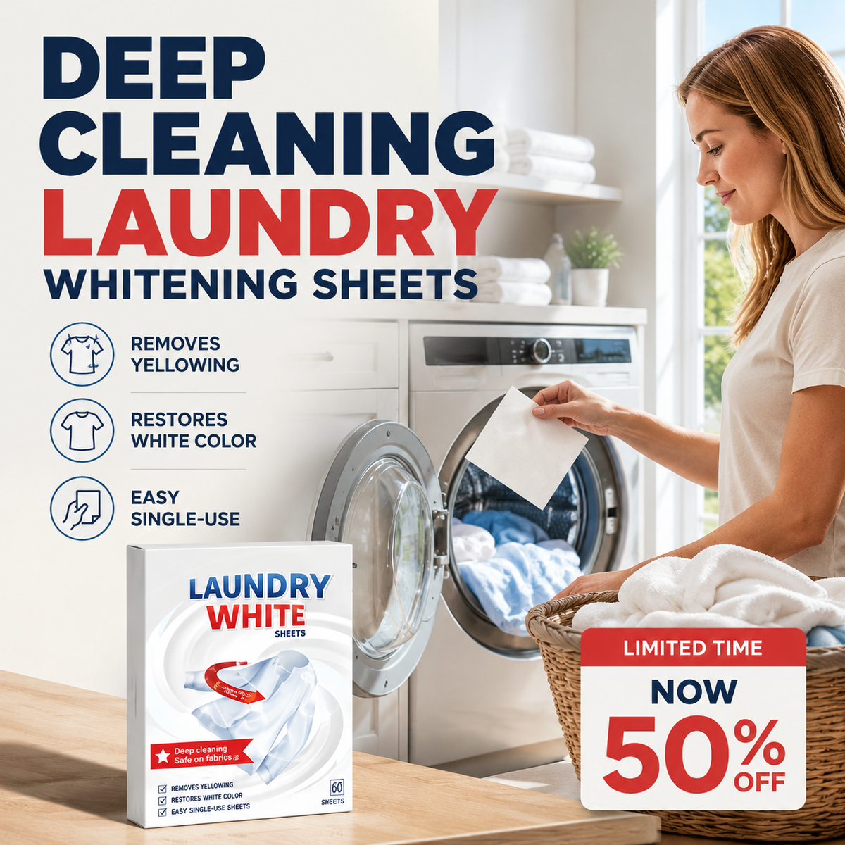 Deep Cleaning Laundry Whitening Sheets, Powerful Stain Remover Brightening Fabric Laundry Cleaning Sheets