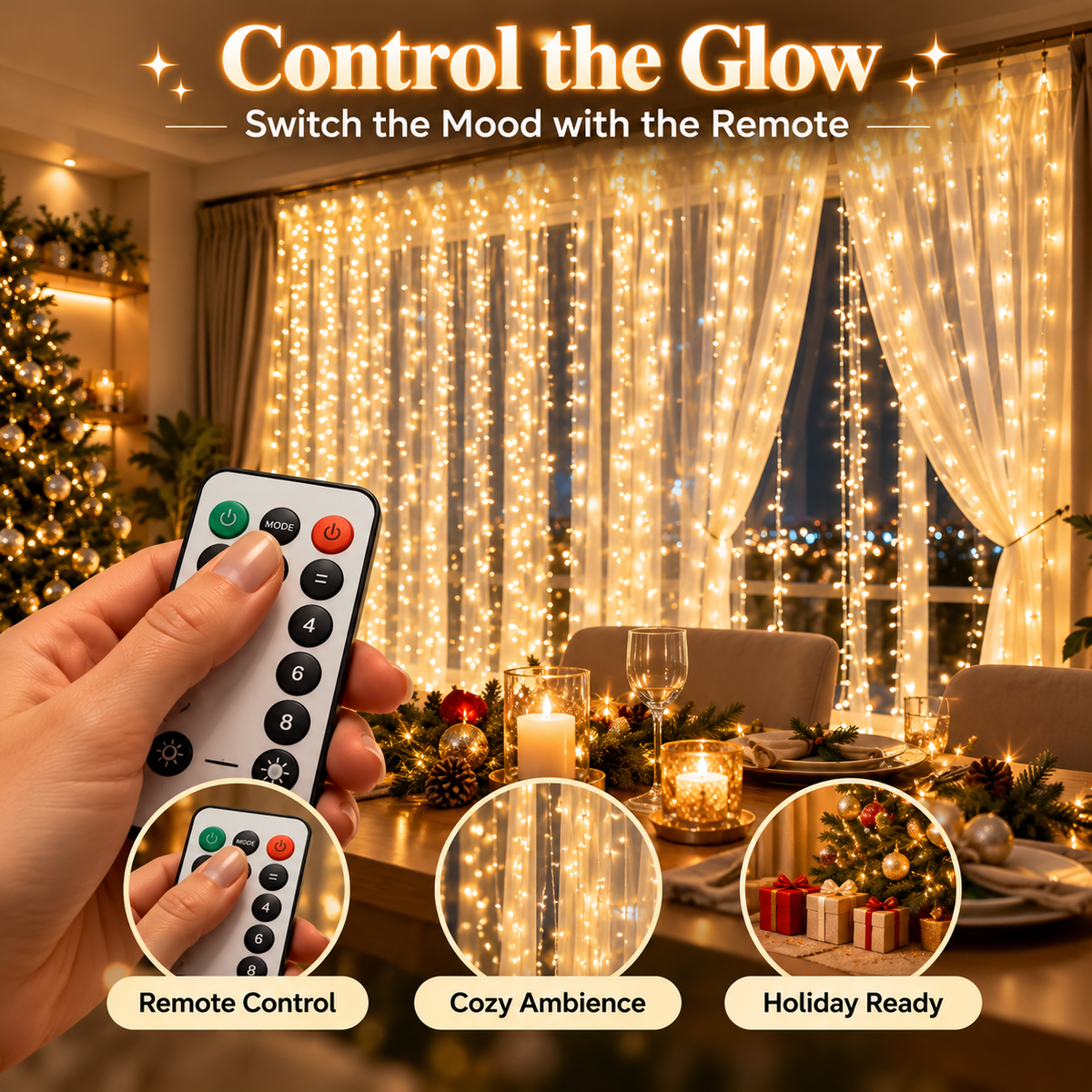 🎄 Christmas Curtain Lights – Warm White LED Window Lights with Remote Control