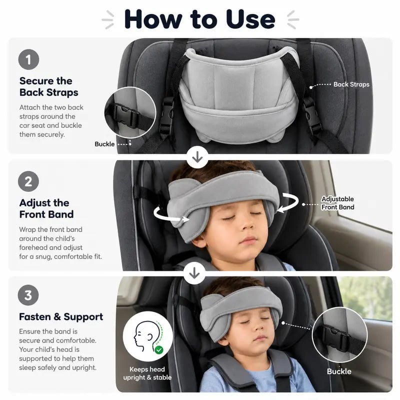 😴 Kids Car Seat Head Support Strap – Soft Adjustable Travel Headrest Accessory