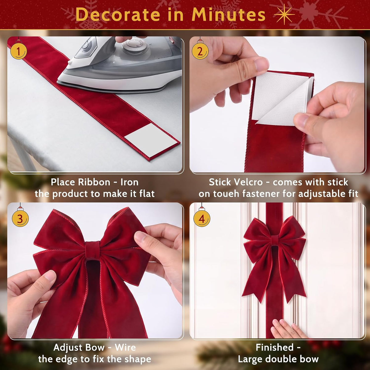 4-Pack Burgundy Velvet Christmas Cabinet Bows - image 5