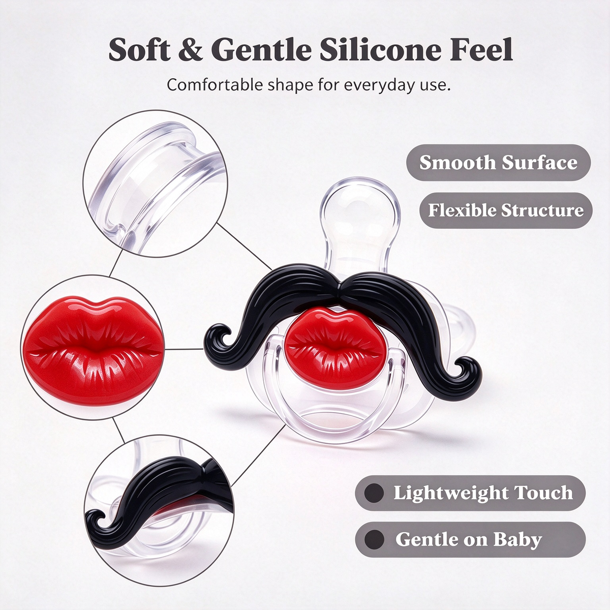 💋 Kissable Mustache Pacifier – Funny Lips & Mustache Novelty Design👶