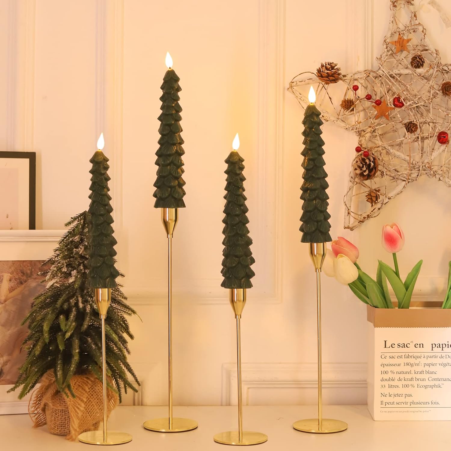 LED Green Tree Taper Candle Stick Set
