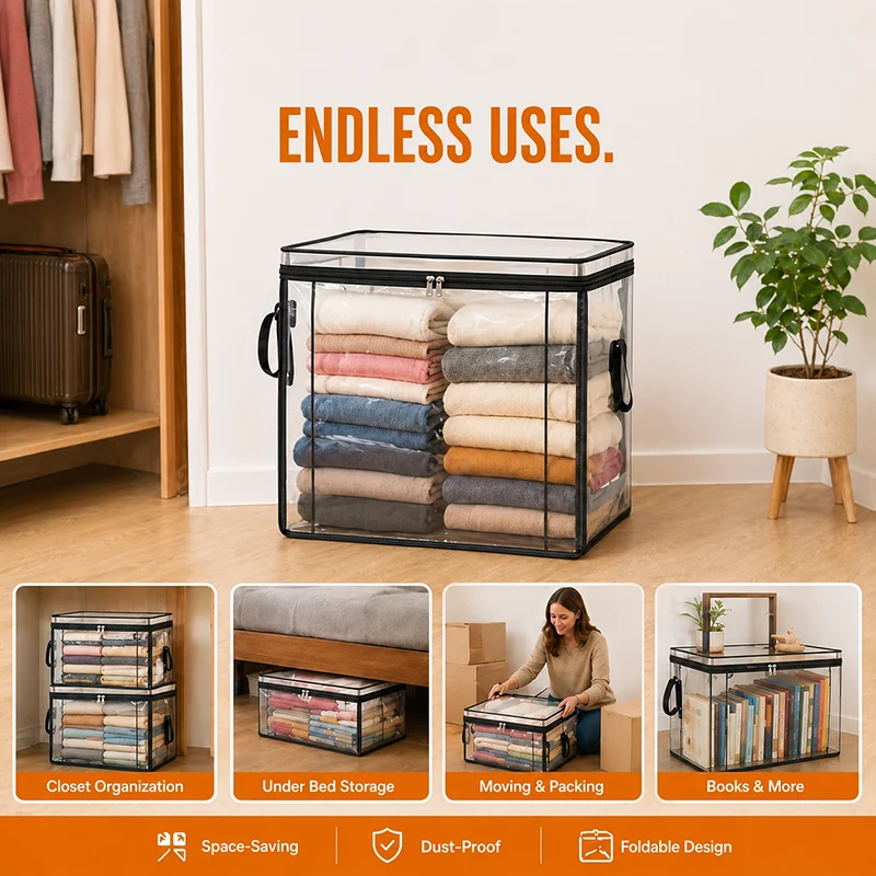 Large Clear Storage Box with Hinged Lid – Heavy-Duty High Capacity Organizer