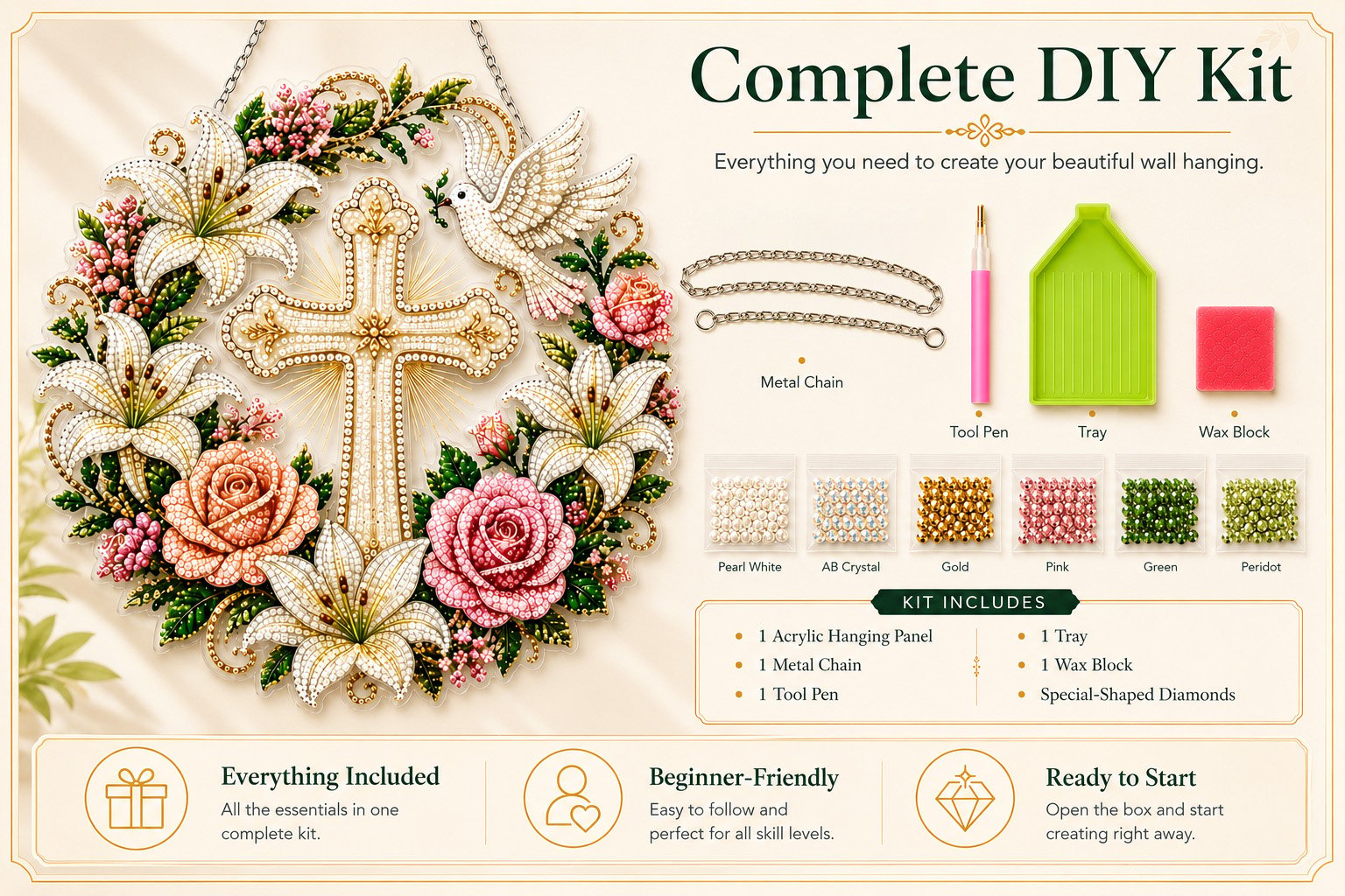 Christian Cross & Dove Diamond Art Hanging Ornament Kit