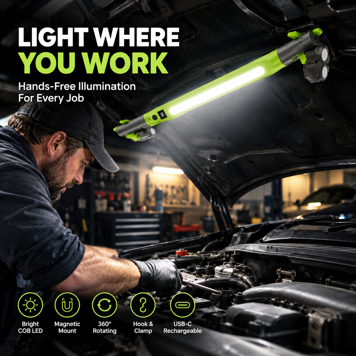 🔦 360° Magnetic COB Work Light – Rechargeable LED Repair Lamp