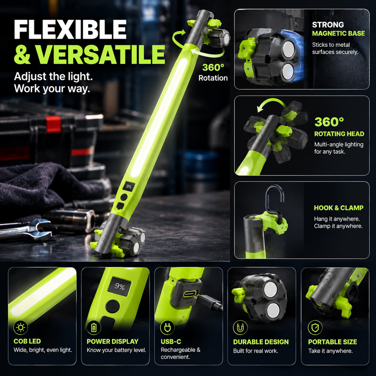 🔦 360° Magnetic COB Work Light – Rechargeable LED Repair Lamp