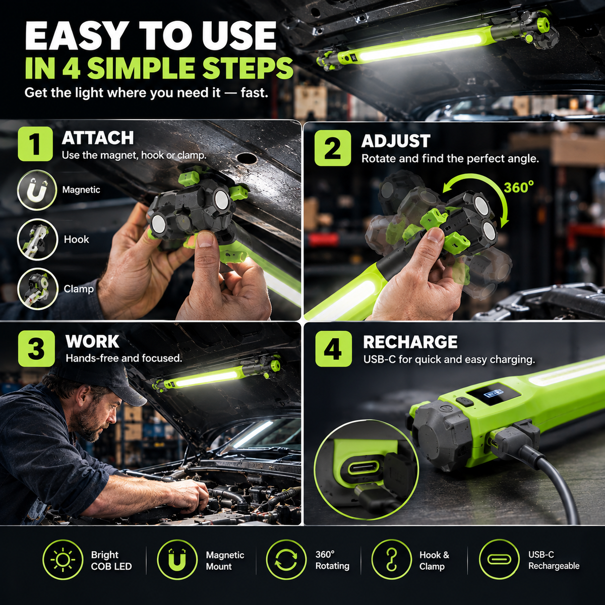 🔦 360° Magnetic COB Work Light – Rechargeable LED Repair Lamp