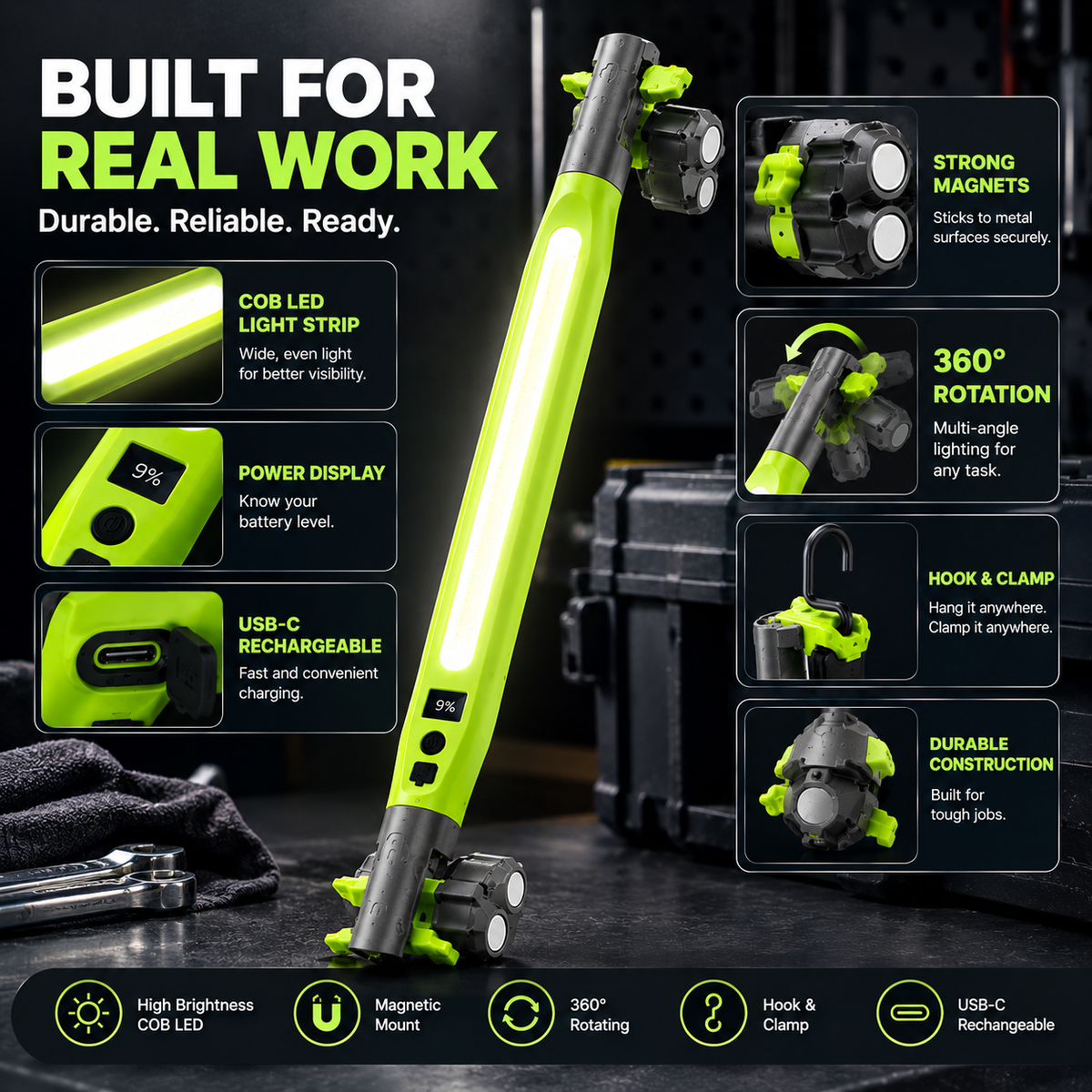 🔦 360° Magnetic COB Work Light – Rechargeable LED Repair Lamp