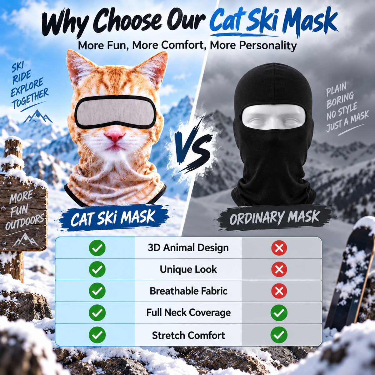 3D Cat Ski Mask with Ears – Funny Windproof Balaclava for Skiing & Festivals