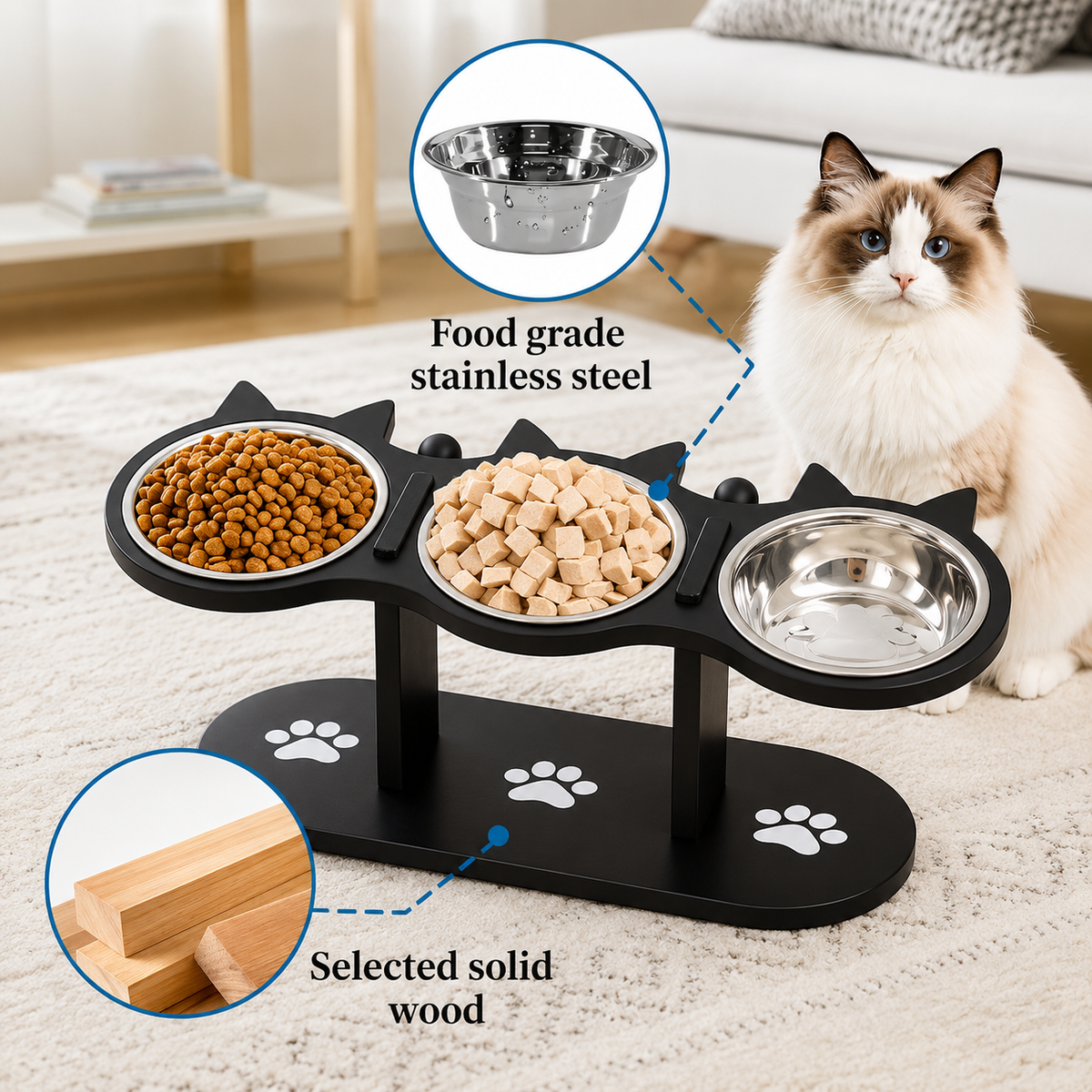 Premium 3-Bowl Raised Feeding Stand