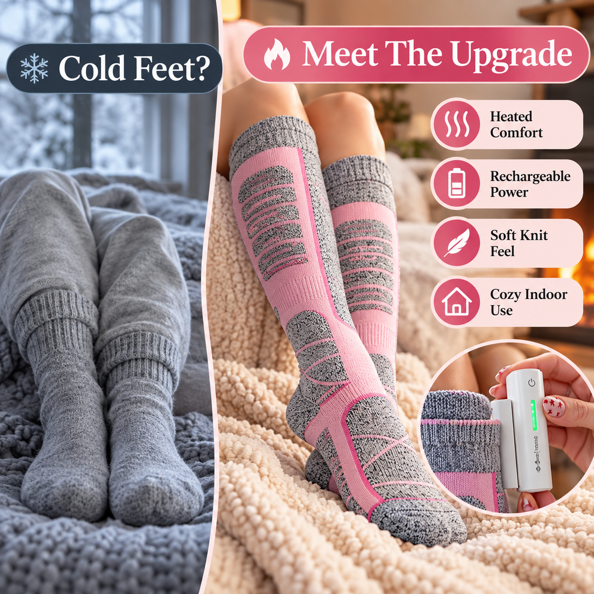 🥶 Tired of Freezing Feet in Winter?Rechargeable Heated Knee-High Socks for Lasting Cozy Warmth!