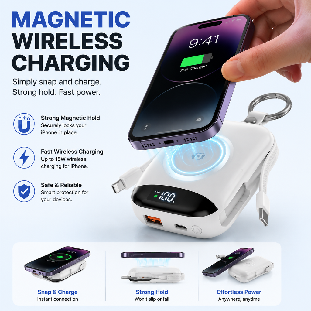 🔋 3-in-1 Magnetic Power Bank 10000mAh – Portable Charger for iPhone, Apple Watch & AirPods