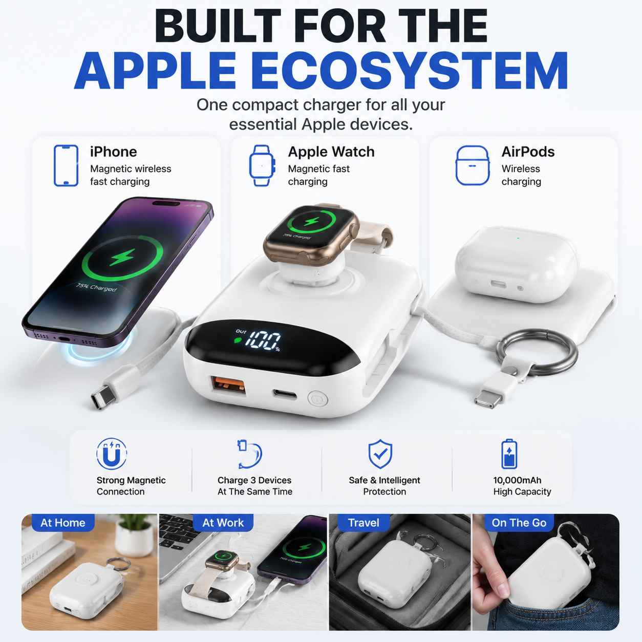 🔋 3-in-1 Magnetic Power Bank 10000mAh – Portable Charger for iPhone, Apple Watch & AirPods