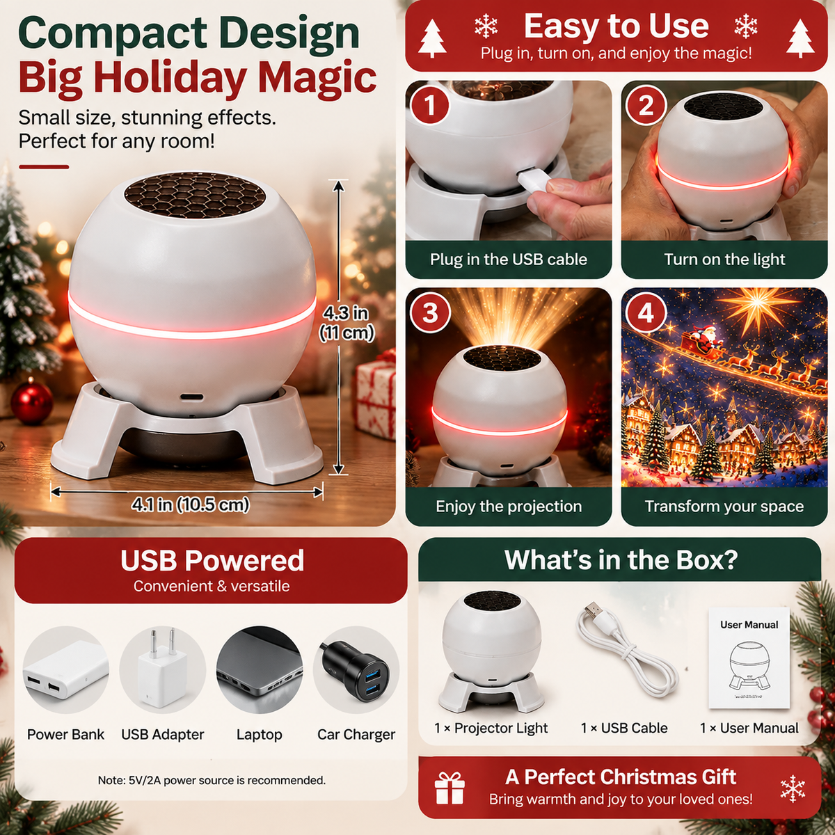 🎄 Magical Christmas Projection Night Light