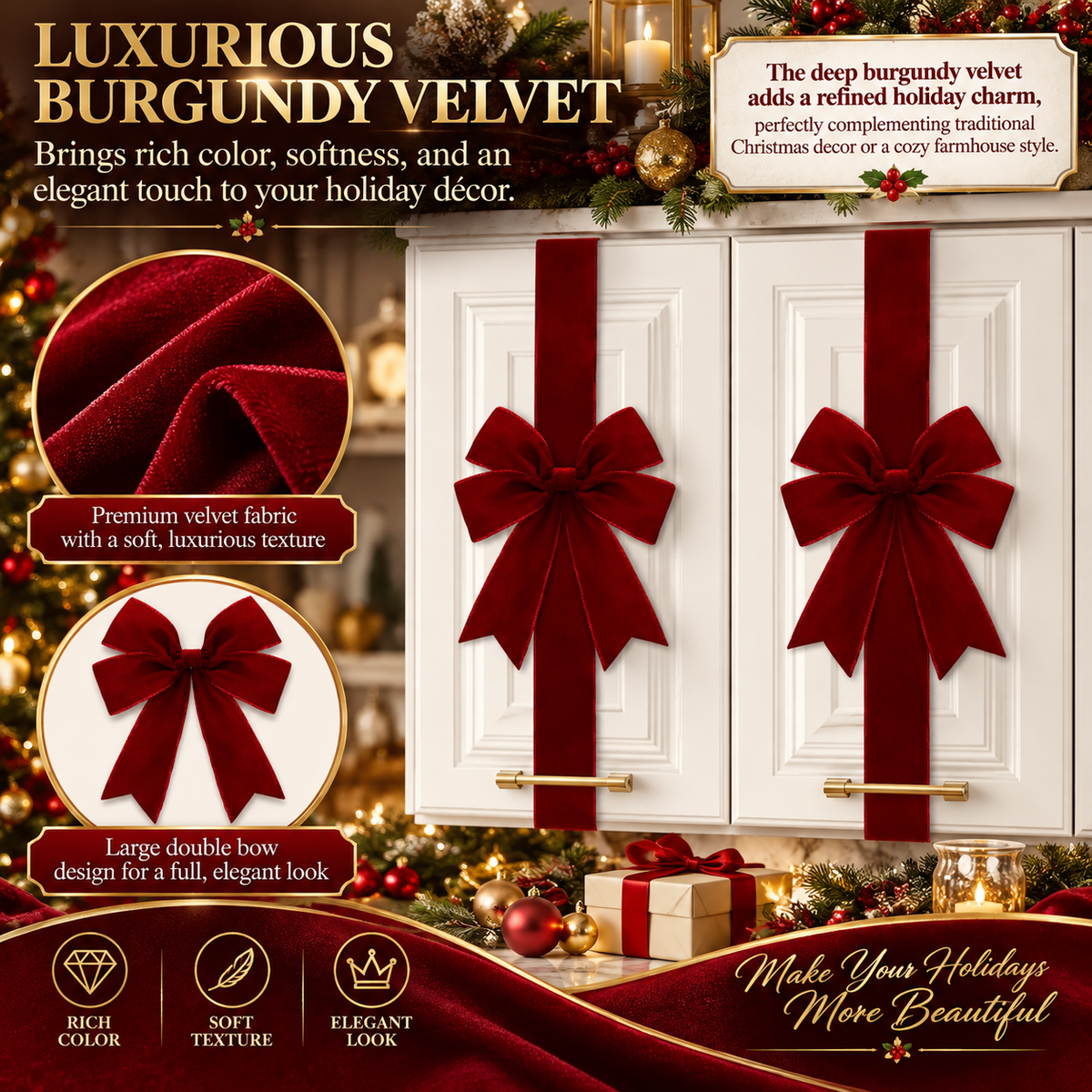 4-Pack Burgundy Velvet Christmas Cabinet Bows - image 2