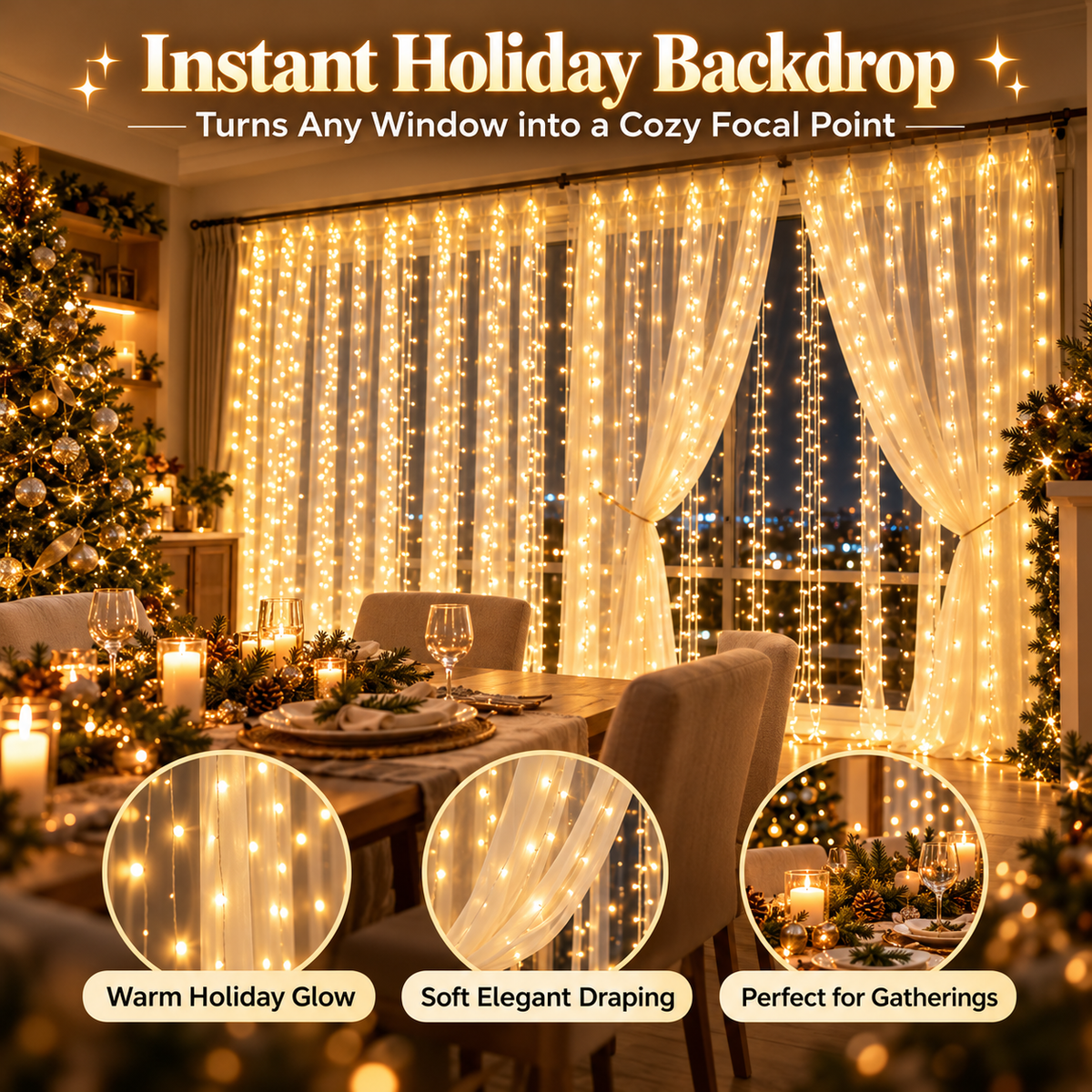 🎄 Christmas Curtain Lights – Warm White LED Window Lights with Remote Control