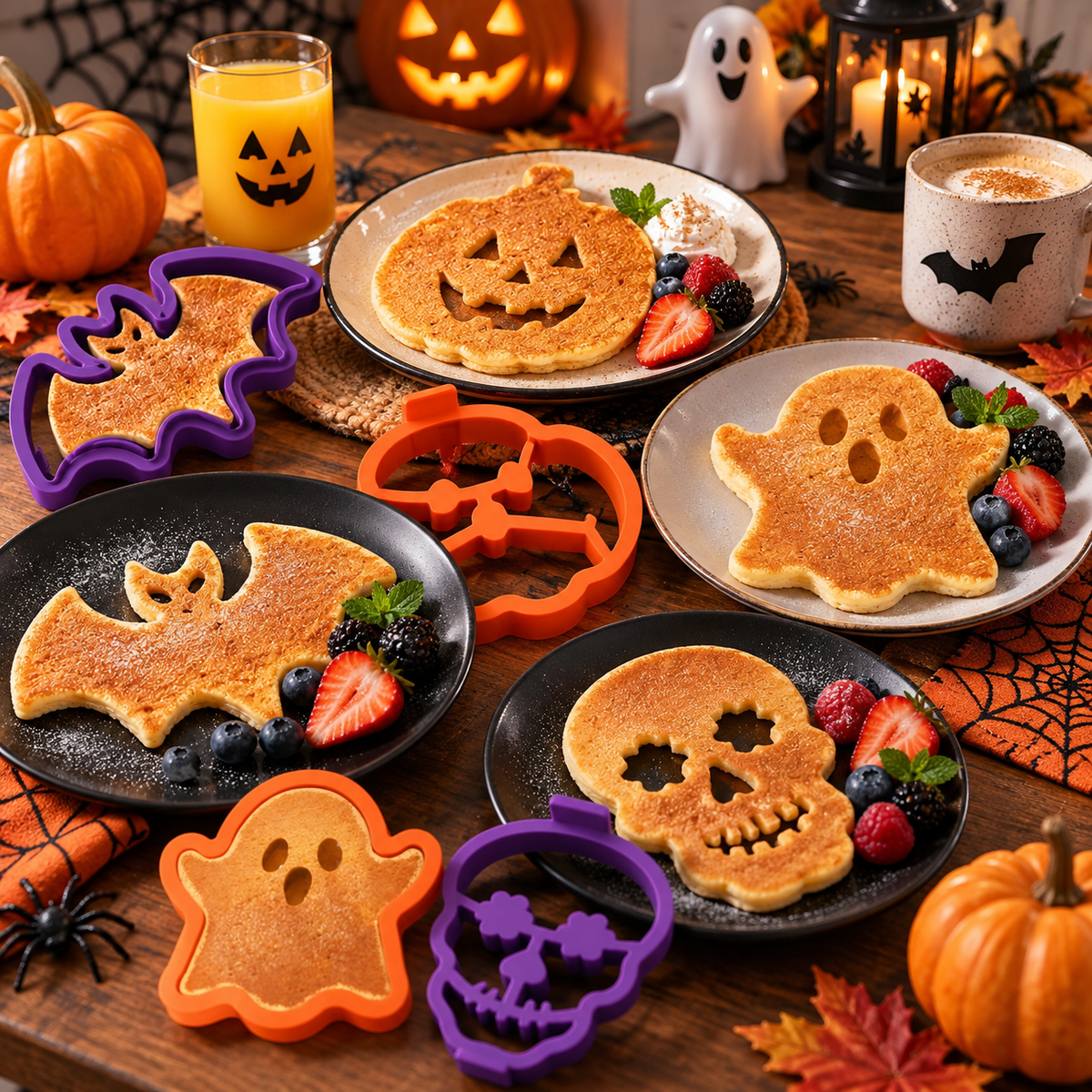 🎃 4-Piece Halloween Pancake Mold Set – Ghost, Bat, Pumpkin & Skull Silicone Breakfast Shapers