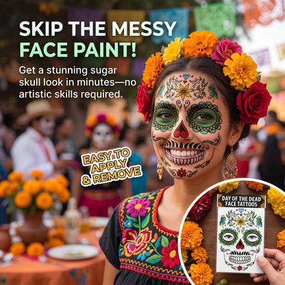 Mexican Dia De Los Muertos Temporary Face Tattoos - Sugar Skull Floral Face Decals 🎭