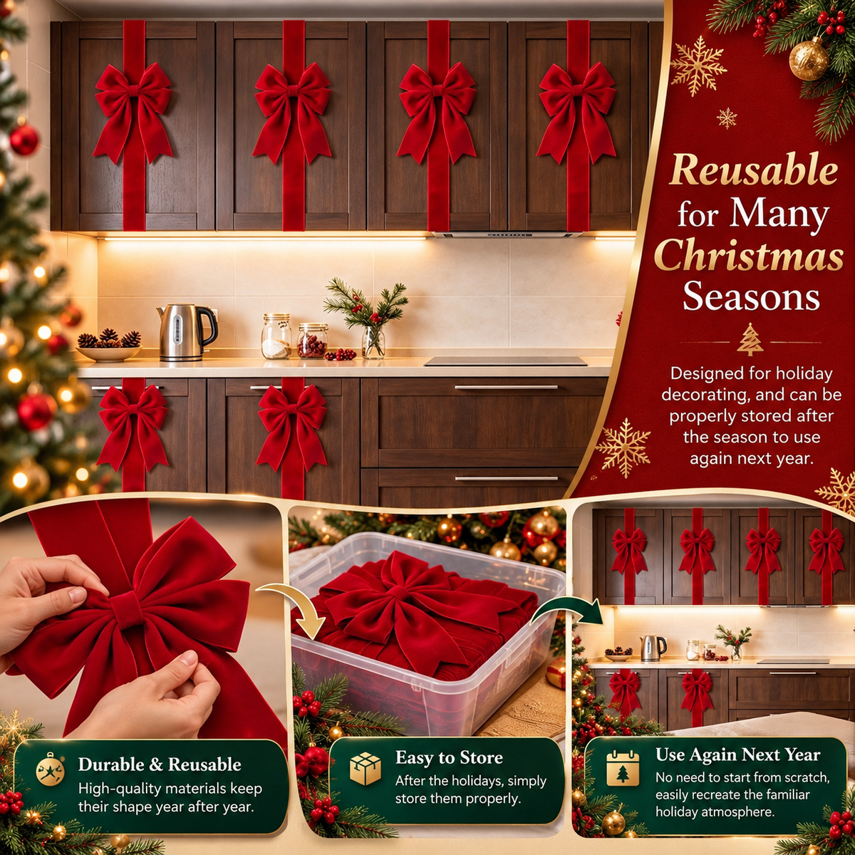 4-Pack Burgundy Velvet Christmas Cabinet Bows - image 3